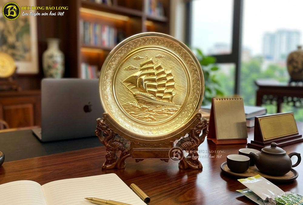 Quà Tặng Đĩa Thuận Buồm Xuôi Gió Bằng Đồng Mạ Vàng ĐK 19cm