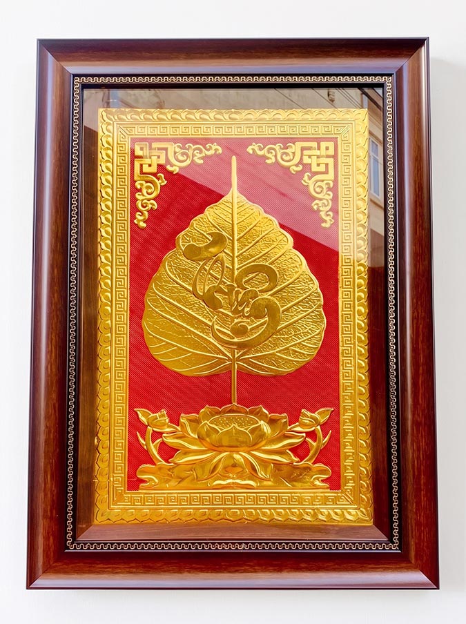 Tranh Chữ Thuận Lá Đề Bằng Đồng Dát Vàng Khô 40cm x 55cm