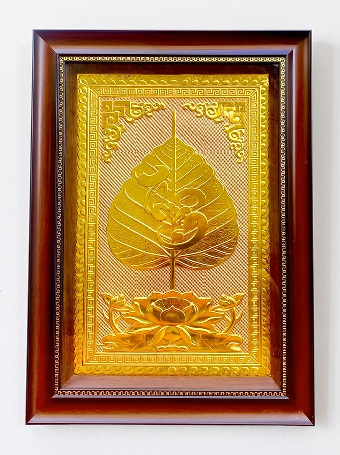 Tranh Chữ Thuận Lá Đề Bằng Đồng Dát Vàng Khô 40cm x 55cm