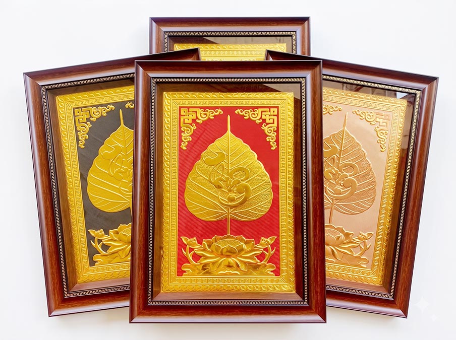 Tranh Chữ Thuận Lá Đề Bằng Đồng Dát Vàng Khô 40cm x 55cm