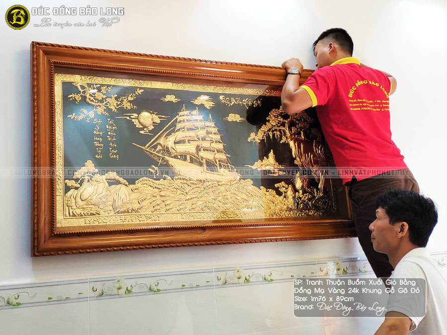 Tranh Thuận Buồm Xuôi Gió mạ vàng 1m76x89cm khung gỗ gõ đỏ