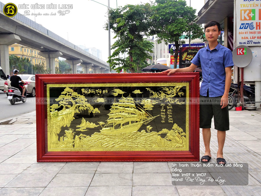 Tranh Thuận Buồm Xuôi Gió bằng đồng 1m97x1m07 khung gỗ gụ