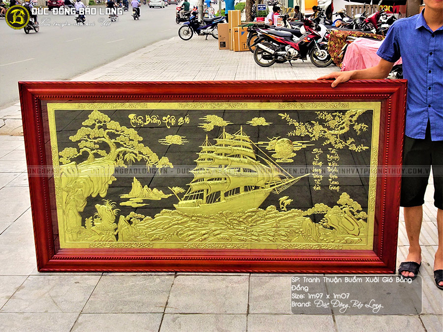 Tranh Thuận Buồm Xuôi Gió bằng đồng 1m97x1m07 khung gỗ gụ