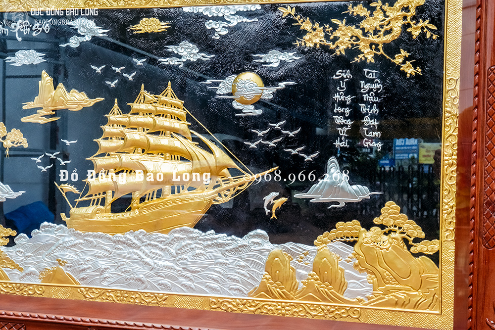 Tranh Thuận Buồm Xuôi Gió bằng đồng Dát bạc Dát vàng 9999 Khổ 1m55 x 88cm