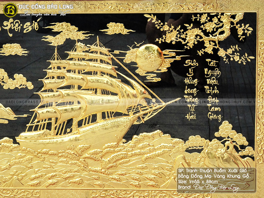 tranh thuận buồm xuôi gió bằng đồng mạ vàng khung gỗ gụ 1m55x88cm 