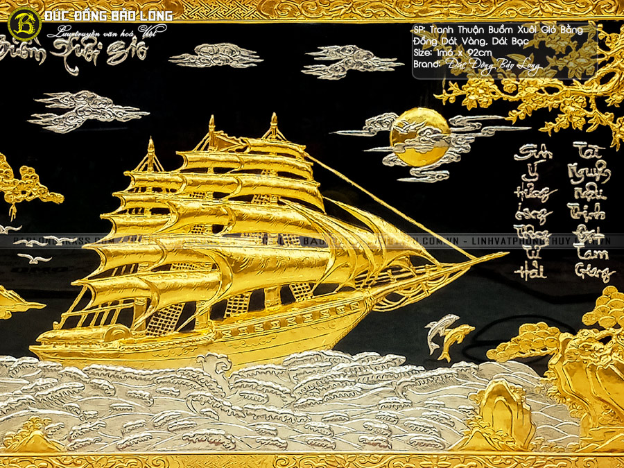 Tranh Thuận Buồm Xuôi Gió dát vàng, dát bạc 1m6x92cm khung gỗ hương