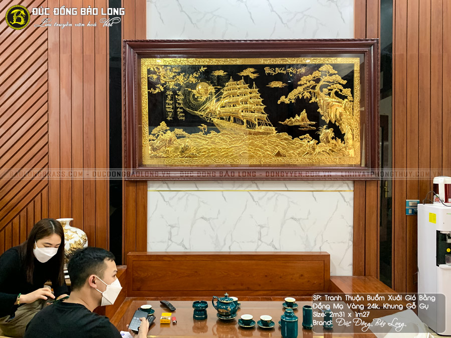 Tranh Thuận Buồm Xuôi Gió bằng đồng 2m31x1m27 mạ vàng khung gỗ gụ