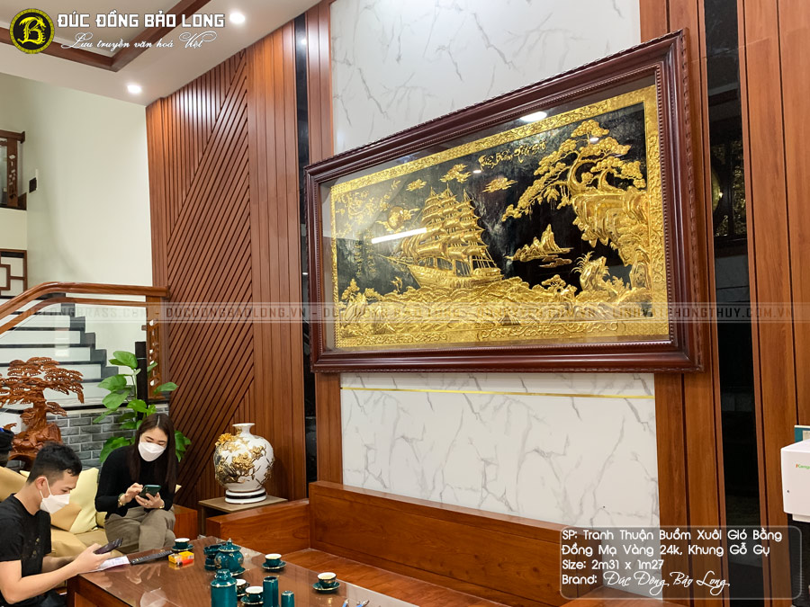 Tranh Thuận Buồm Xuôi Gió bằng đồng 2m31x1m27 mạ vàng khung gỗ gụ