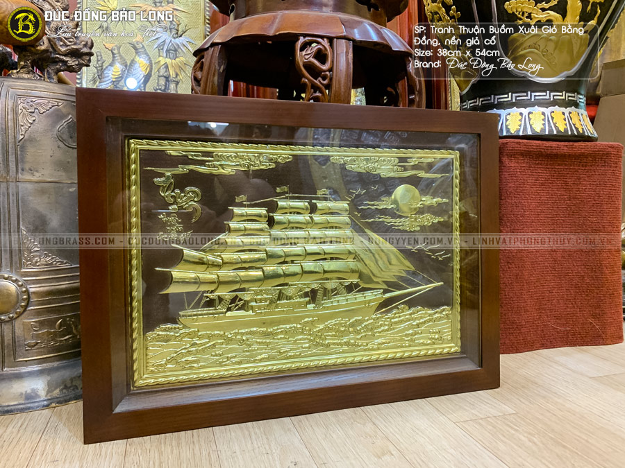Tranh Thuận Buồm Xuôi Gió bằng đồng 38cmx54cm nền cổ