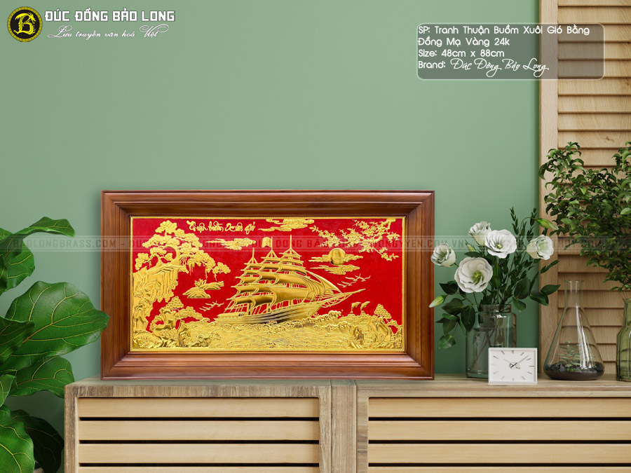 Tranh Thuận Buồm Xuôi Gió bằng đồng 48cm x 88cm mạ vàng 24k