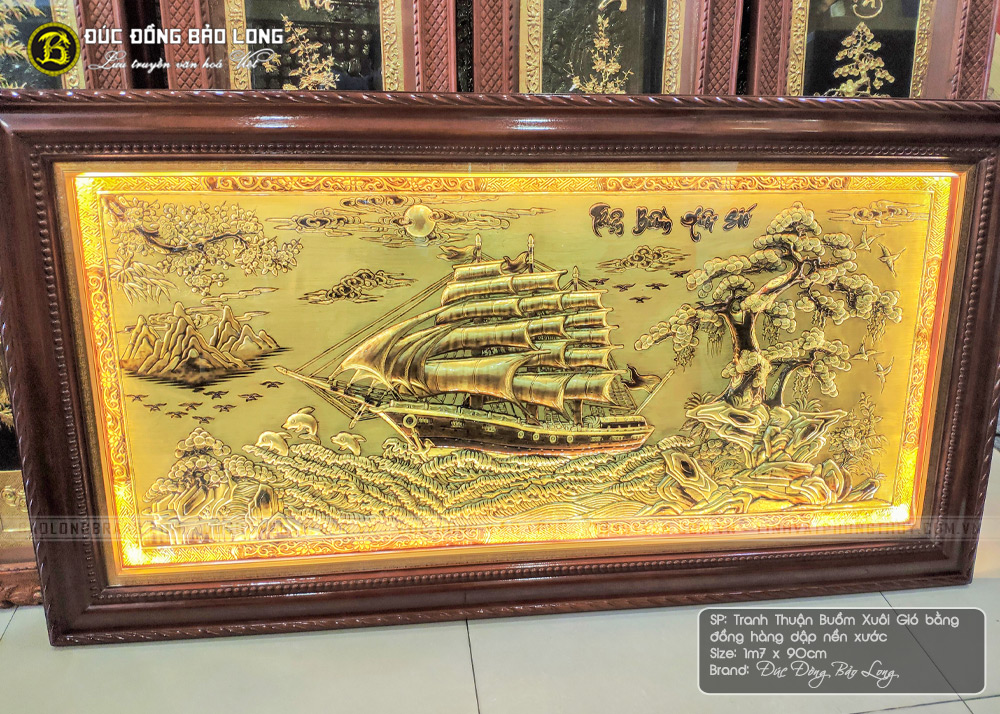 Tranh Thuận Buồm Xuôi Gió bằng đồng hàng dập nền xước 1m7x90cm