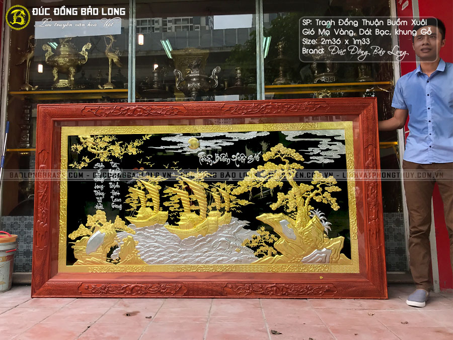 Tranh Thuận Buồm Xuôi Gió mạ vàng, dát bạc khung gỗ thịt 2m36x1m33