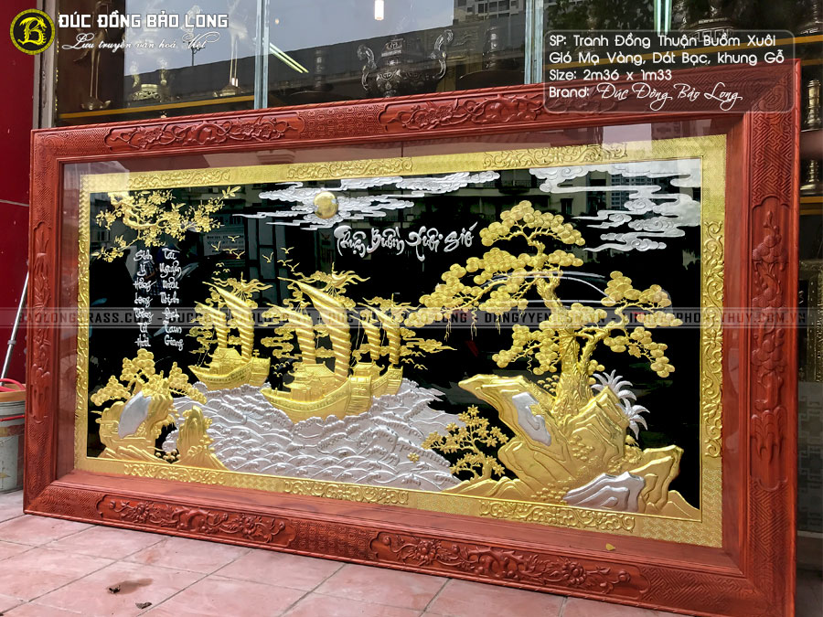 Tranh Thuận Buồm Xuôi Gió mạ vàng, dát bạc khung gỗ thịt 2m36x1m33