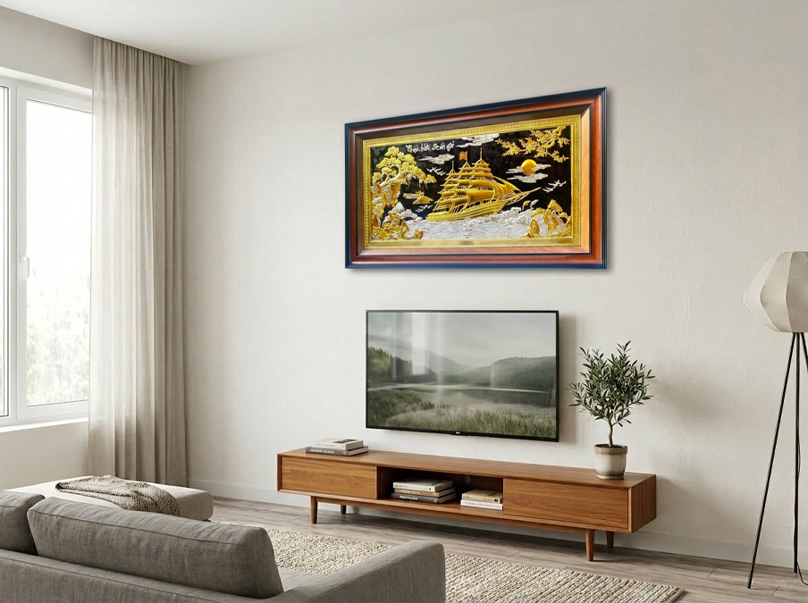 Tranh Thuận Buồm Xuôi Gió Bằng Đồng Dát Vàng khổ 62cm x 1m07