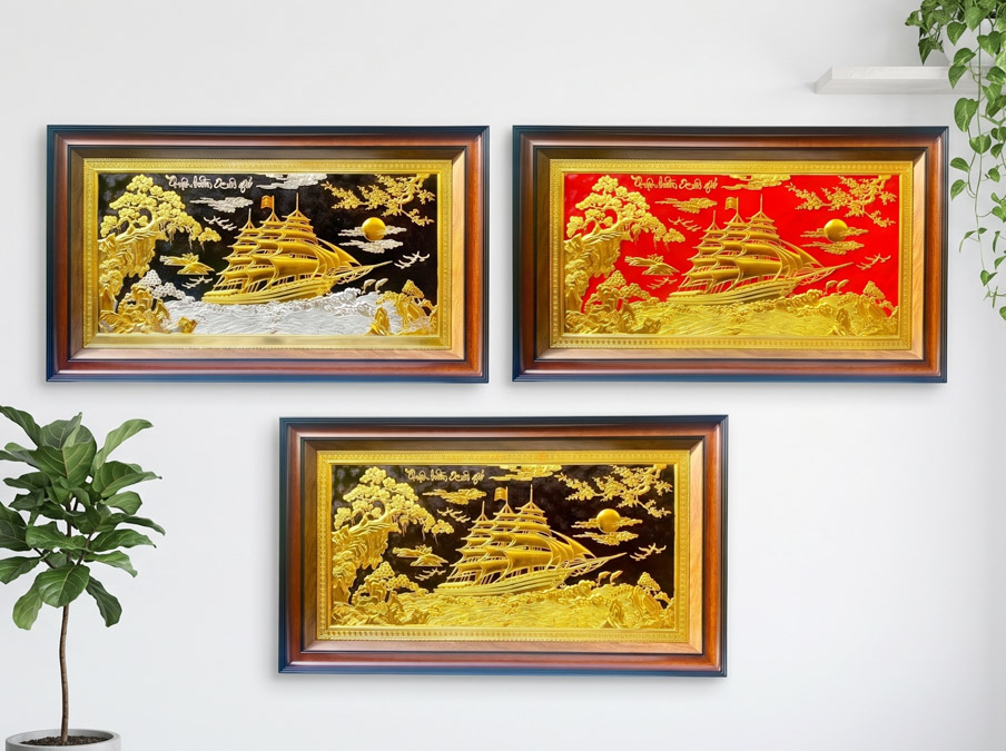 Tranh Thuận Buồm Xuôi Gió Bằng Đồng Dát Vàng khổ 62cm x 1m07