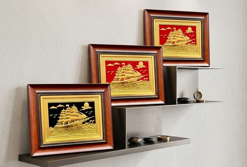  Tranh Thuận Buồm Xuôi Gió Bằng Đồng Dát Vàng khổ 28cm x 35cm