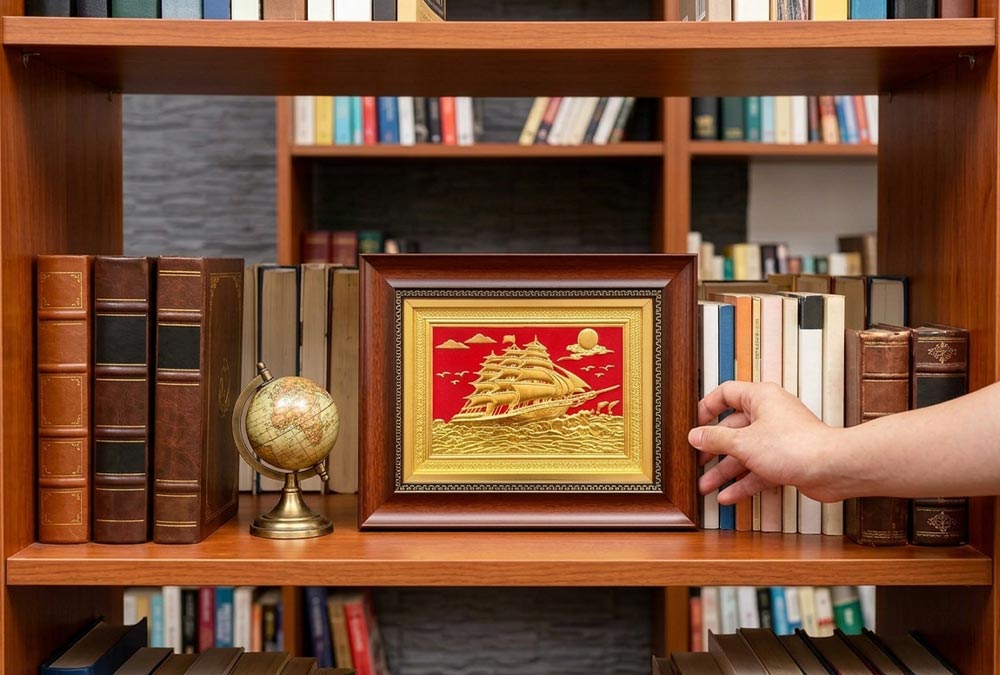  Tranh Thuận Buồm Xuôi Gió Bằng Đồng Dát Vàng khổ 28cm x 35cm