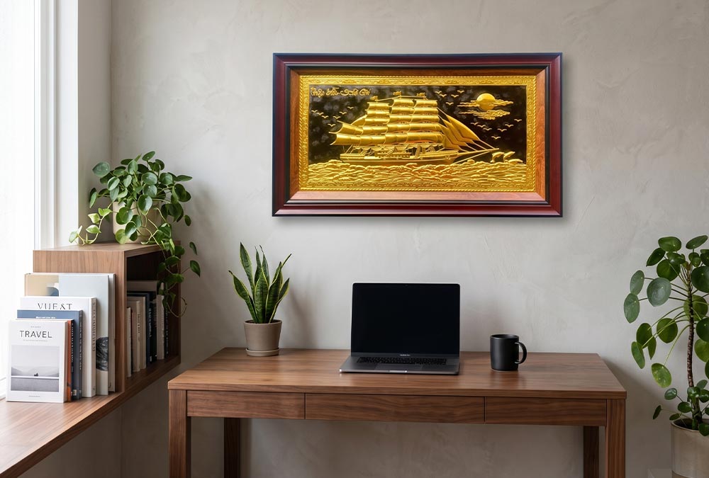 Tranh Thuận Buồm Xuôi Gió Bằng Đồng Dát Vàng khổ 50cm x 80cm