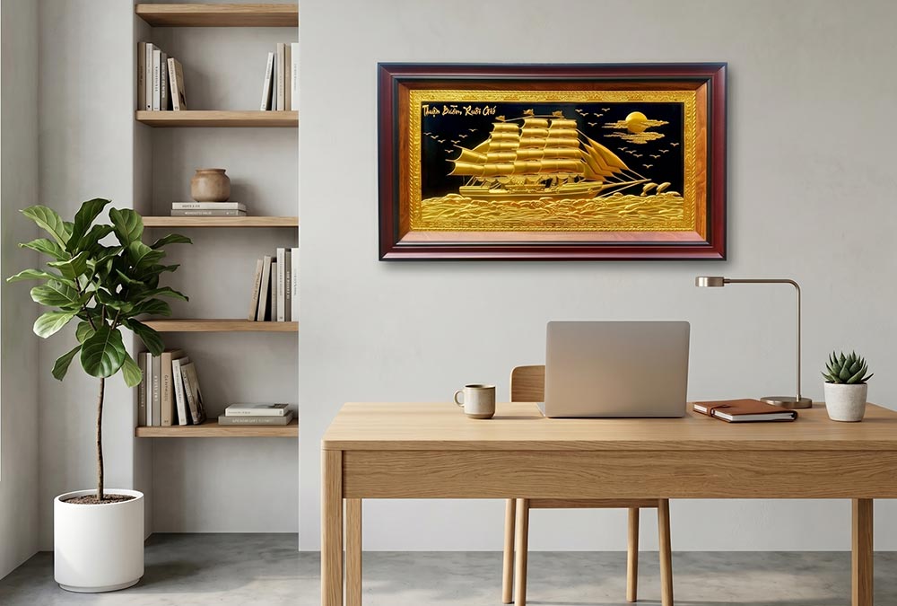 Tranh Thuận Buồm Xuôi Gió Bằng Đồng Dát Vàng khổ 50cm x 80cm