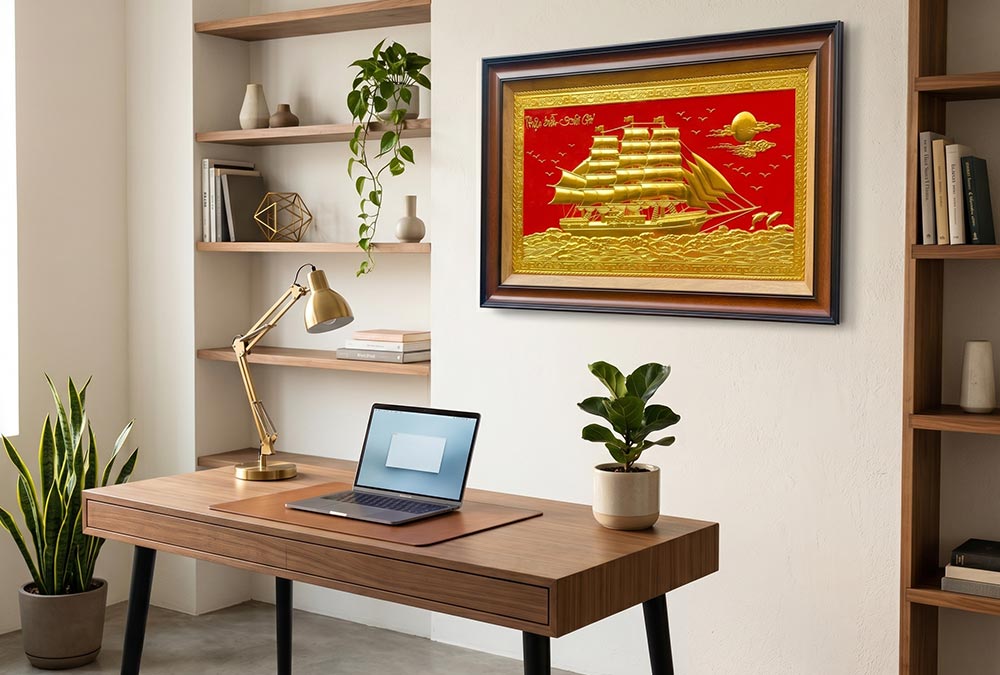 Tranh Thuận Buồm Xuôi Gió Bằng Đồng Dát Vàng khổ 50cm x 80cm