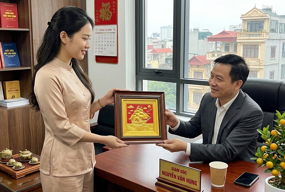 Quà Tặng Tranh Thuận Buồm Xuôi Gió Bằng Đồng Dát Vàng có 2 kích thước khổ vuông 28cm và 40cm