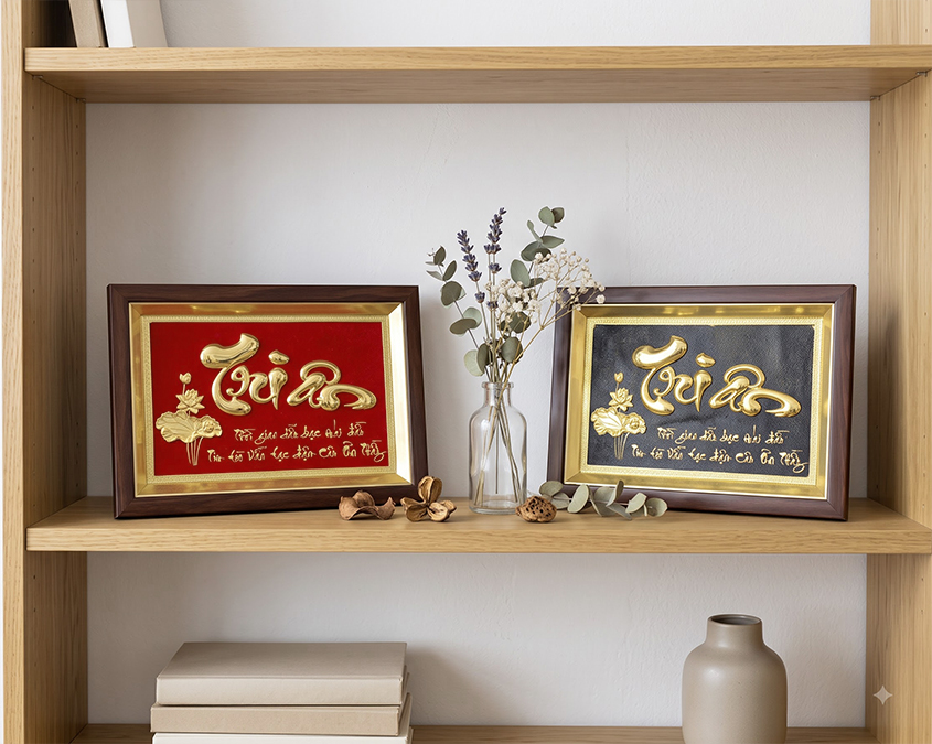 Tranh chữ Tri Ân bằng đồng tranh để bàn khổ 24cm x 34cm