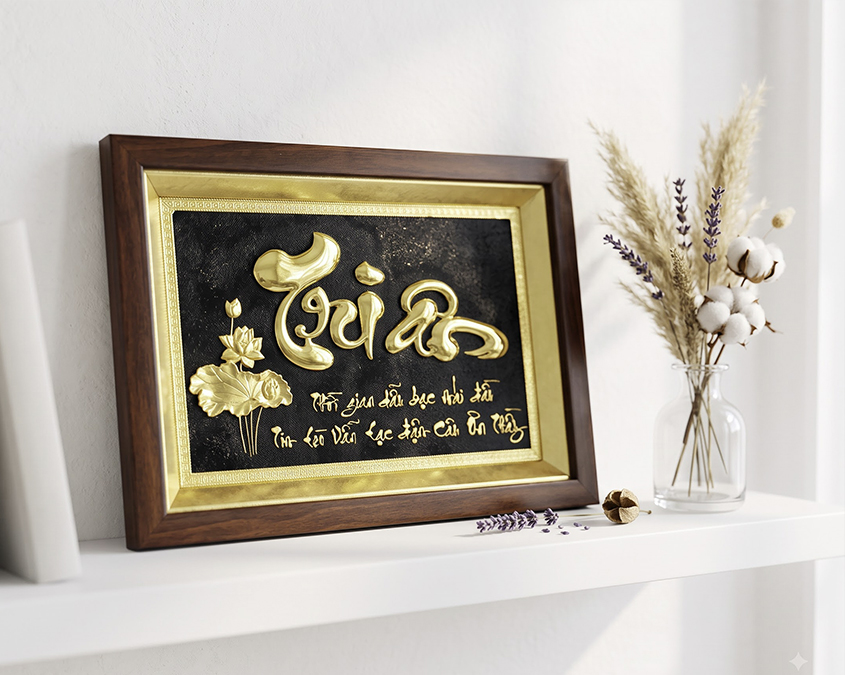 Tranh chữ Tri Ân bằng đồng tranh để bàn khổ 24cm x 34cm