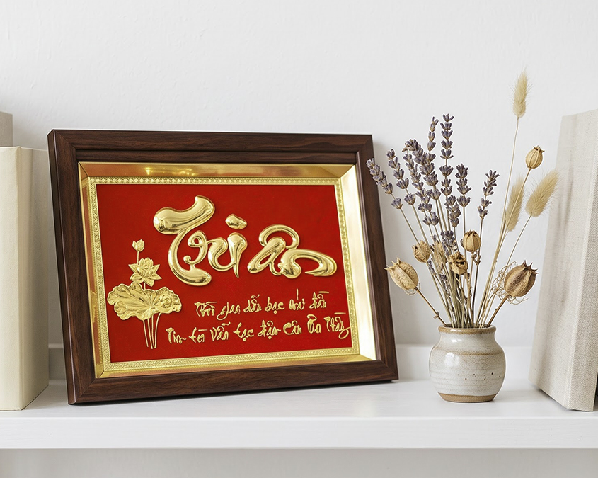 Tranh chữ Tri Ân bằng đồng tranh để bàn khổ 24cm x 34cm