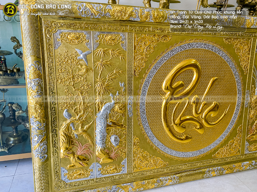 tranh Tứ Quý chữ Phúc Dát Vàng Bạc 2m31