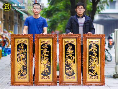 tranh tu quy bang dong 1m07 46 ma vang 24k khung go do 2