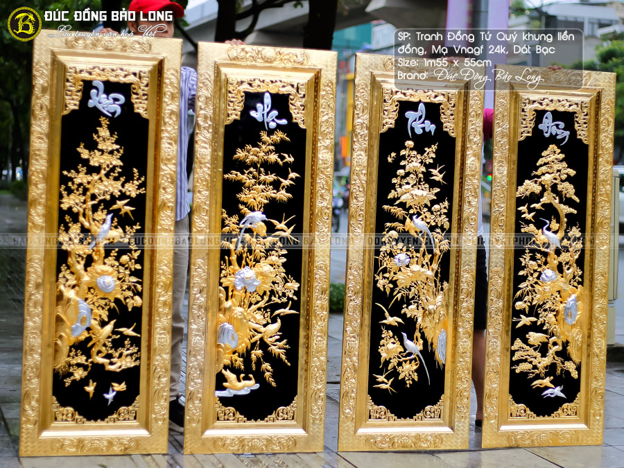 bộ tranh tứ quý mạ vàng dát bạc khung liền đồng 1m55x55cm cao cấp