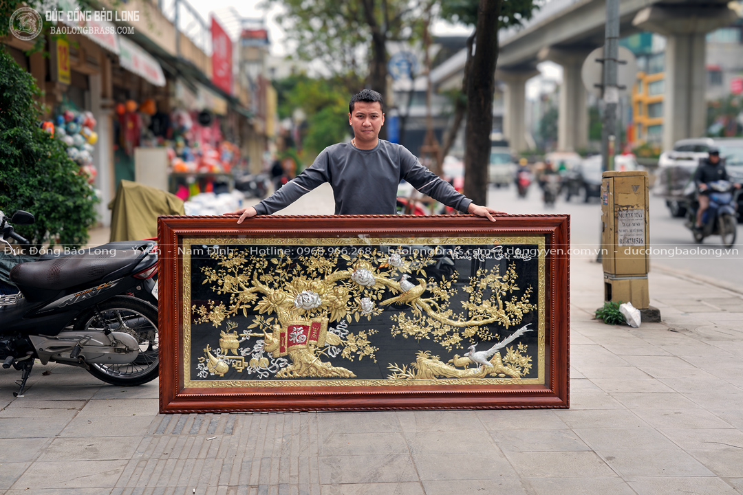 Tranh Vinh Hoa Phú Quý Bằng Đồng Dát Vàng Khung Gỗ Gõ Khổ 2m11 x 1m01