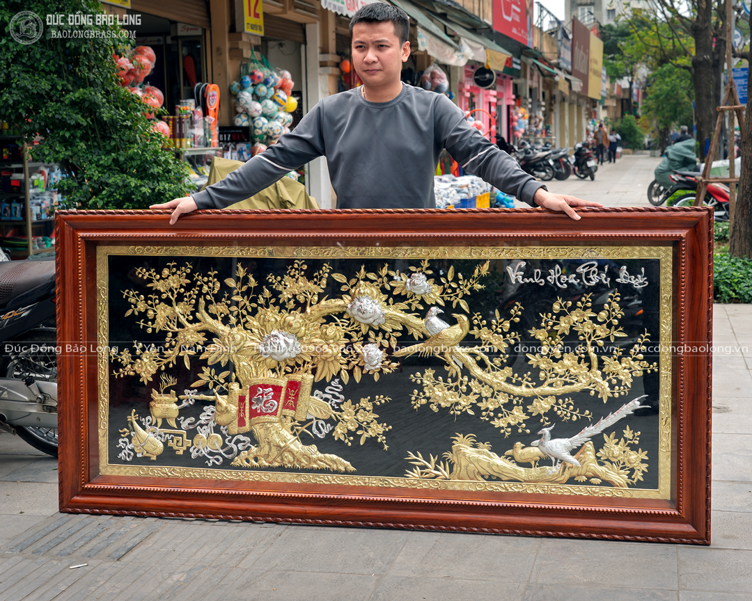 Tranh Vinh Hoa Phú Quý Bằng Đồng Dát Vàng Khung Gỗ Gõ Khổ 2m11 x 1m01