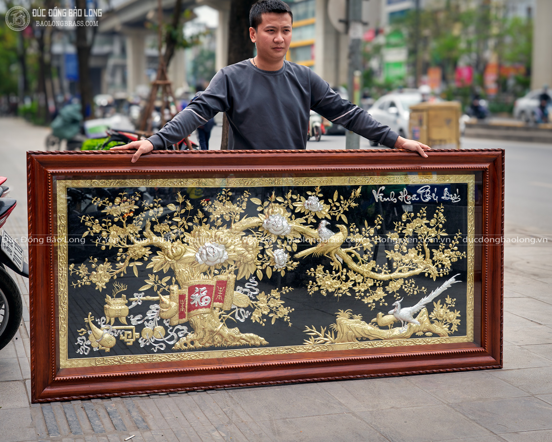Tranh Vinh Hoa Phú Quý Bằng Đồng Dát Vàng Khung Gỗ Gõ Khổ 2m11 x 1m01