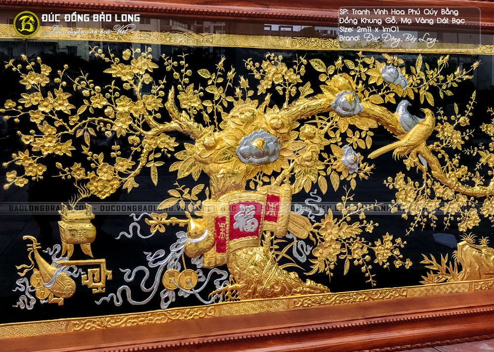 tranh Vinh Hoa Phú Quý bằng đồng Mạ vàng Dát bạc 2m11