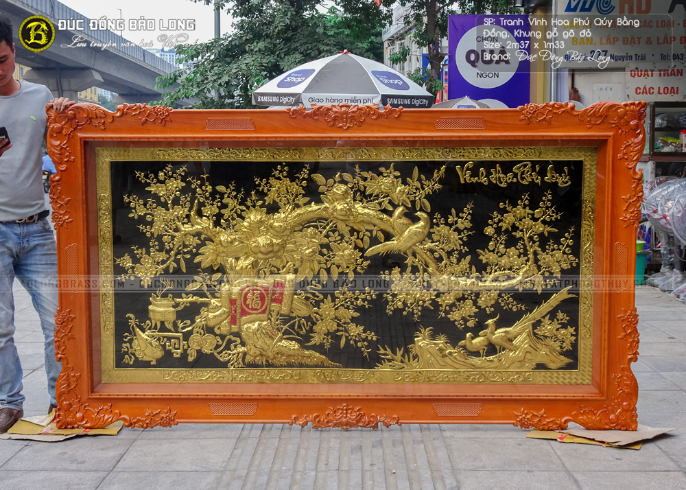 tranh Vinh Hoa Phú Quý bằng đồng 2m37x1m33 khung gõ đỏ