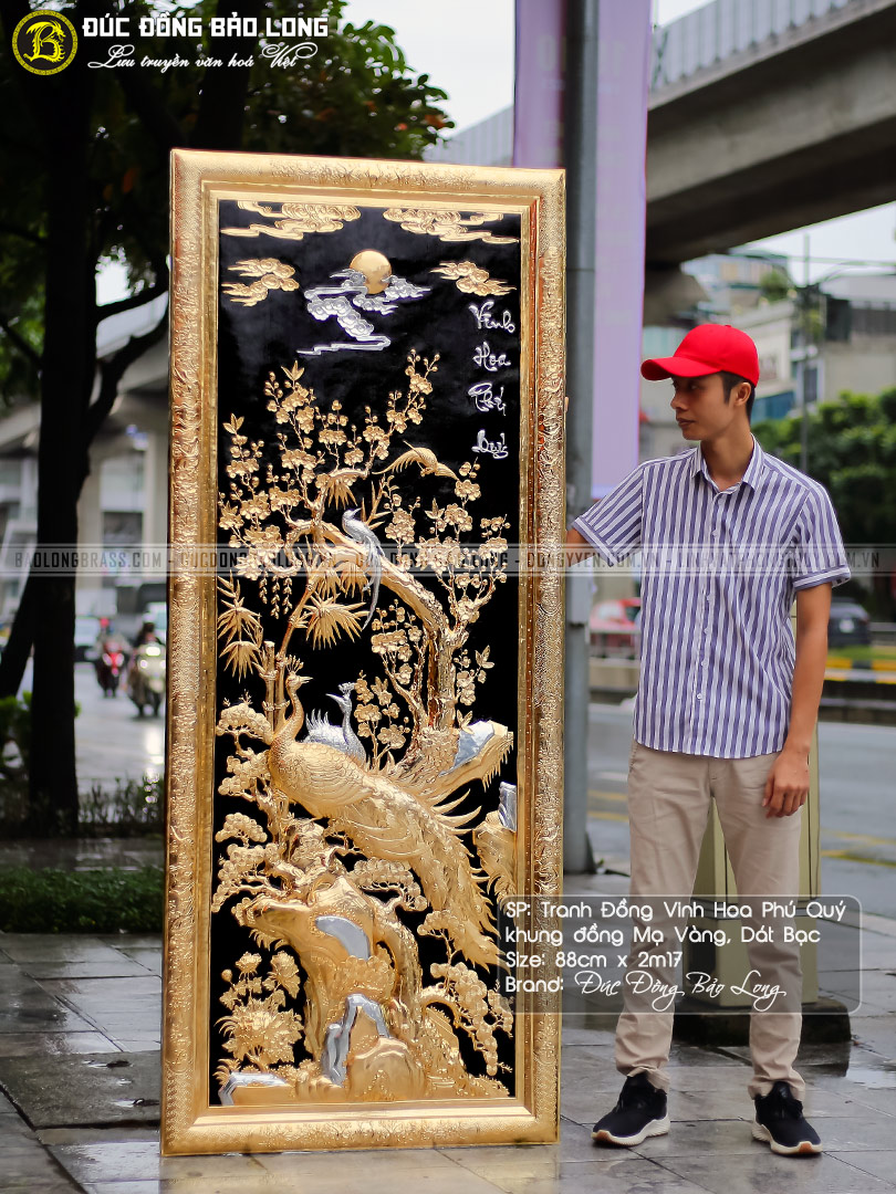 tranh Vinh Hoa Phú Quý 88cm x 2m17 Mạ vàng, Dát bạc