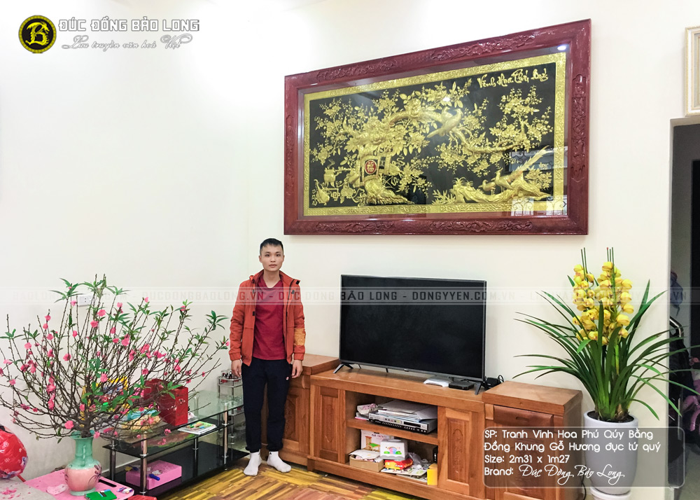 tranh Vinh Hoa Phú Quý bằng đồng 2m31x1m27 khung gỗ hương