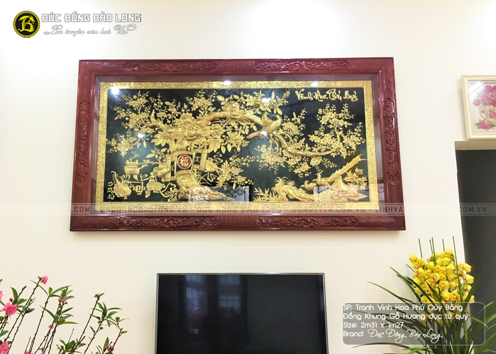 tranh Vinh Hoa Phú Quý bằng đồng 2m31x1m27 khung gỗ hương