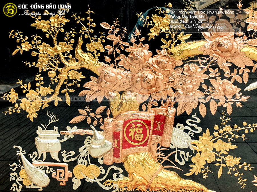 tranh Vinh Hoa Phú Quý bằng đồng mạ tam khí 2m31x1m27 khung gõ đỏ