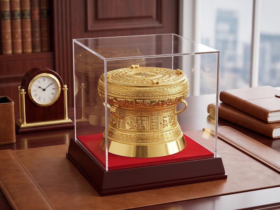Quà Tặng Quả Trống Đồng Lưu Niệm Dát Vàng Trang Trọng Nhiều Cỡ (10cm, 12cm, 15cm, 20cm, 25cm,...)