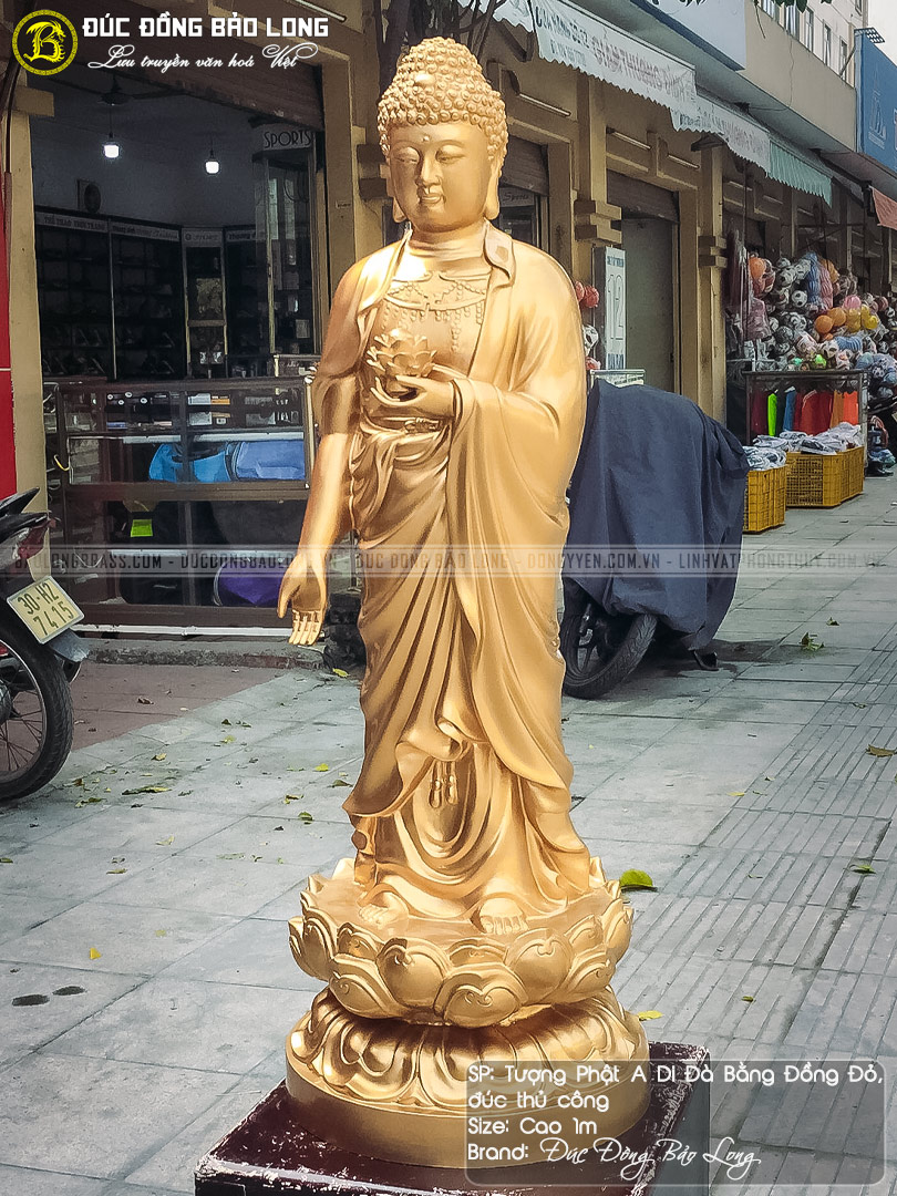 tượng Phật A Di Đà đứng đài sen bằng đồng đỏ cao 1m