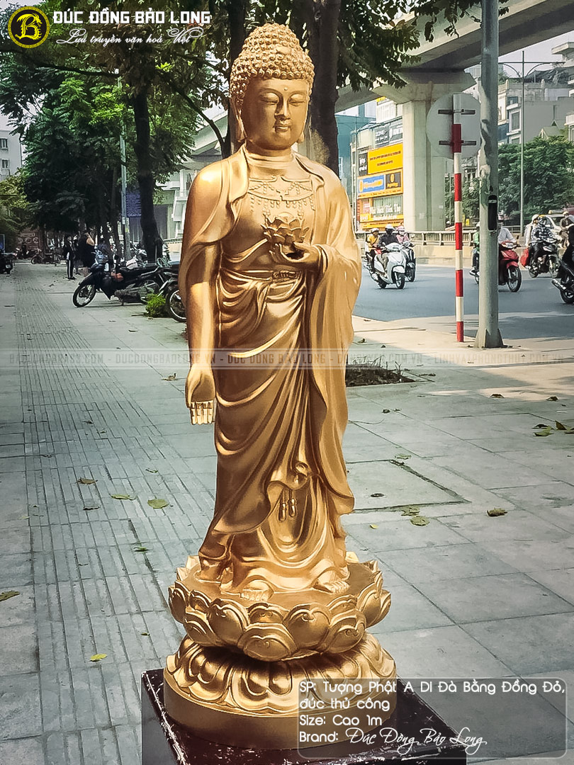 tượng Phật A Di Đà đứng đài sen bằng đồng đỏ cao 1m