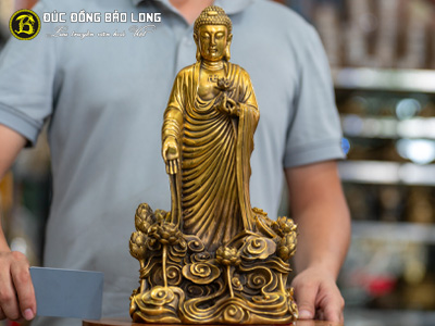 Tượng Phật A Di Đà Đứng Bệ Sen Bằng Đồng Vàng Cao 37cm