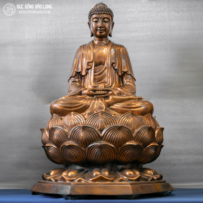 Tượng Phật A Di Đà Ngồi Bệ Sen Bằng Đồng Đỏ Màu Trầm Cổ Cao 81Cm