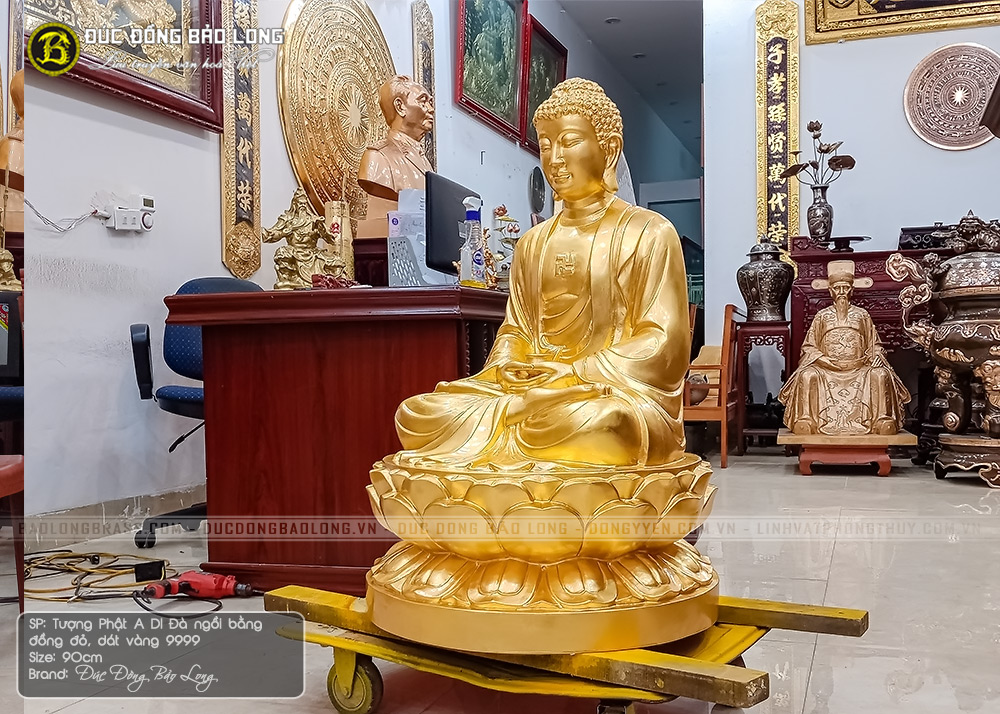 Tượng Phật A Di Đà Bằng Đồng Đỏ Cao 90cm Dát Vàng 9999