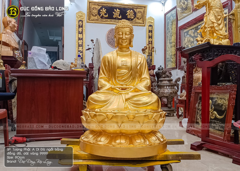 tượng Phật A Di Đà 90cm bằng đồng đỏ Dát vàng