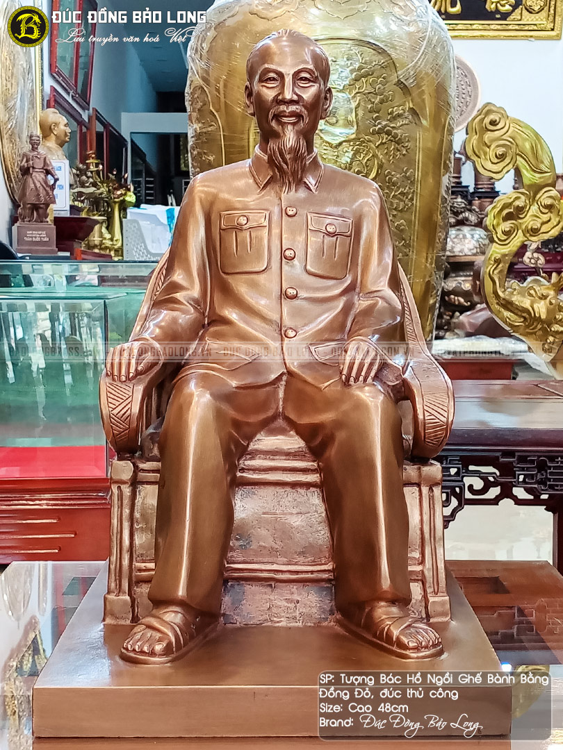 tượng bác hồ ngồi ghế bành bằng đồng đỏ cao 48cm