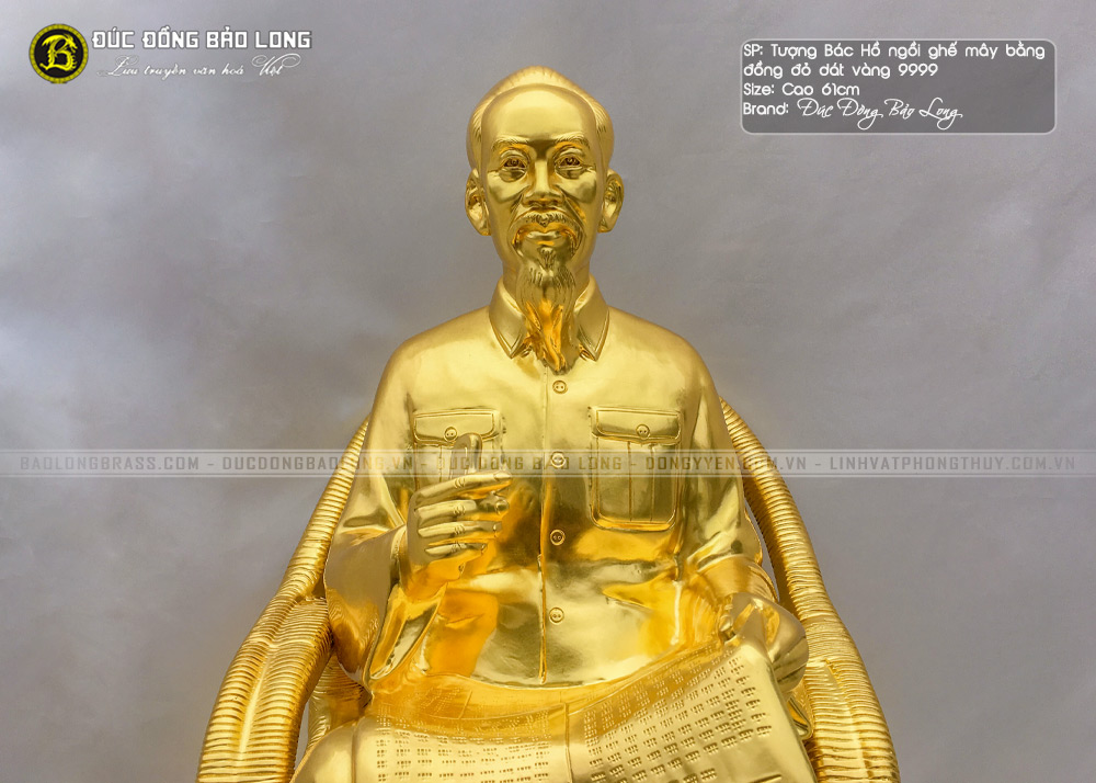tượng Bác Hồ ngồi ghế mây 61cm Dát vàng 9999