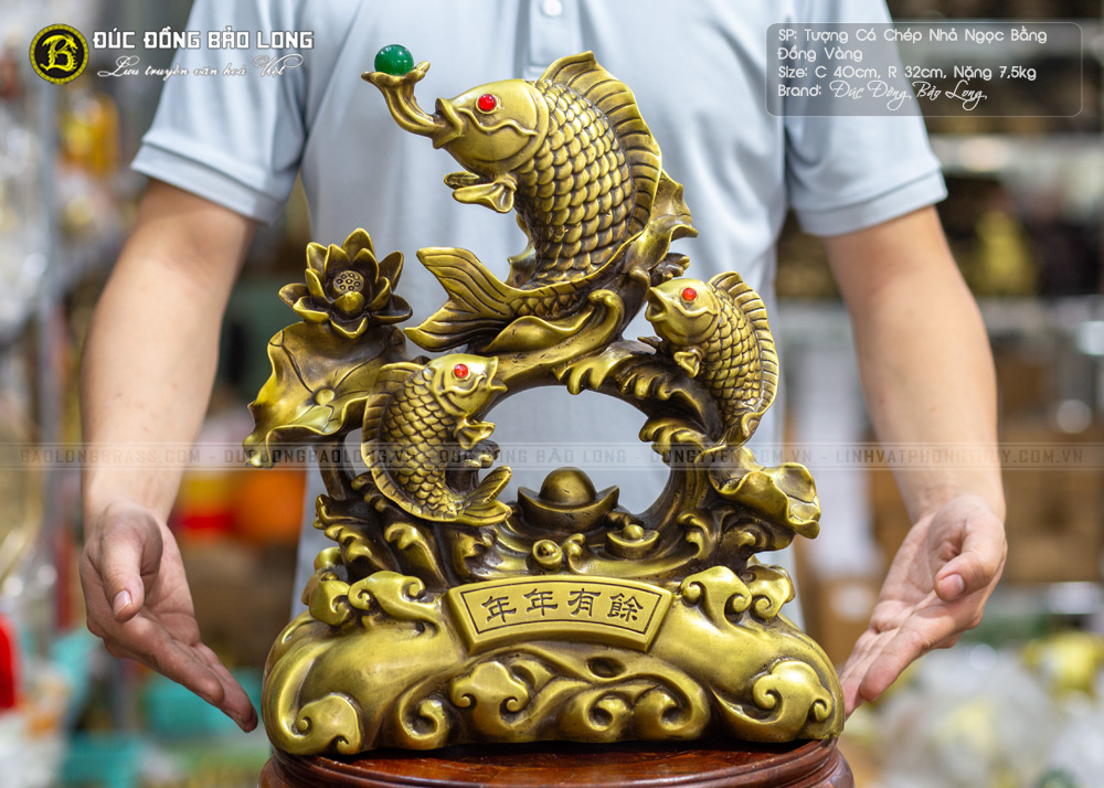 tượng Tam Ngư Nhả Ngọc cao 40cm bằng đồng thau